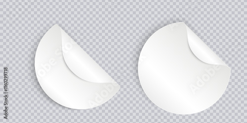 Round white sticky labels with bent edges. Adhesive round paper sticker with curved corner on checkered background. Empty mockup for memos, price tags, gluing. Realistic vector illustration