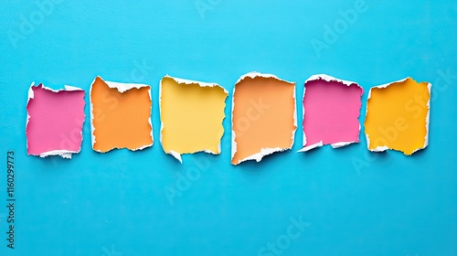 Colorful torn paper pieces on a blue background create a vibrant, eye-catching visual perfect for creative design or artistic projects.