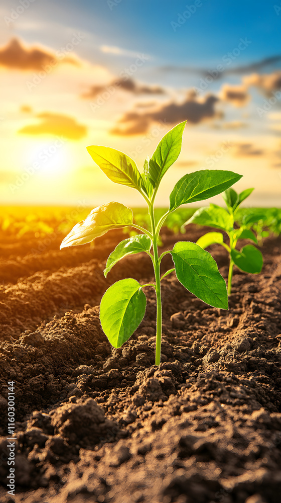 Young plants growing in soil under a vibrant sunset sky Young plants growing in soil under a vibrant sunset sky
