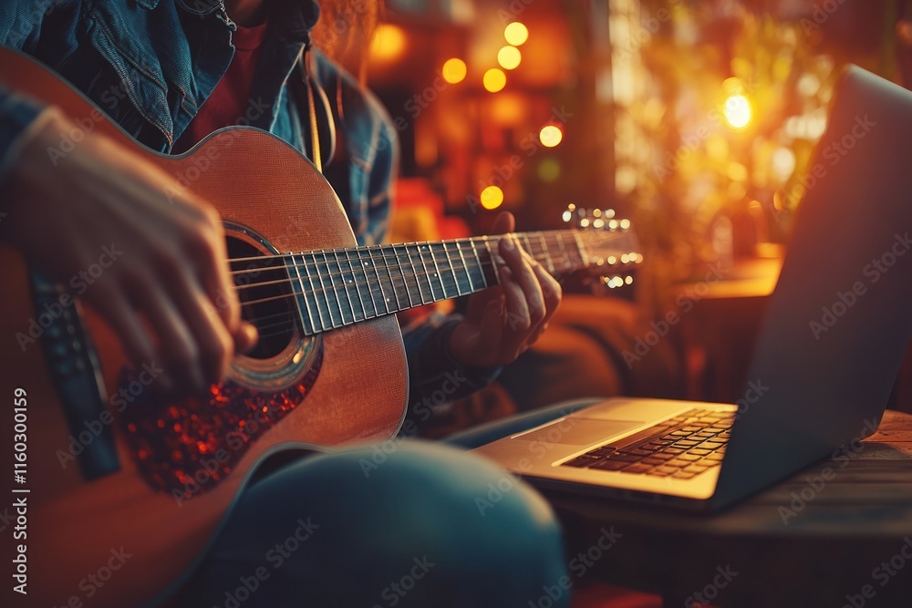 Naklejka premium Evening Acoustic Guitar Practice with Laptop in Warm Lighting