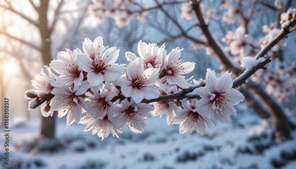 Snow-covered blossom with frost in winter scene, cold weather, snow-covered, winter scene, frost, selective focus Snow-covered blossom with frost in winter scene, cold weather, snow-covered, winter scene, frost, selective focus