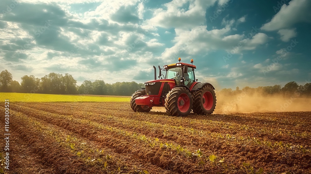 Fototapeta premium Modern combine harvester and tractor efficiently harvesting mature wheat crops in expansive golden wheat field under clear blue sky during peak agricultural season