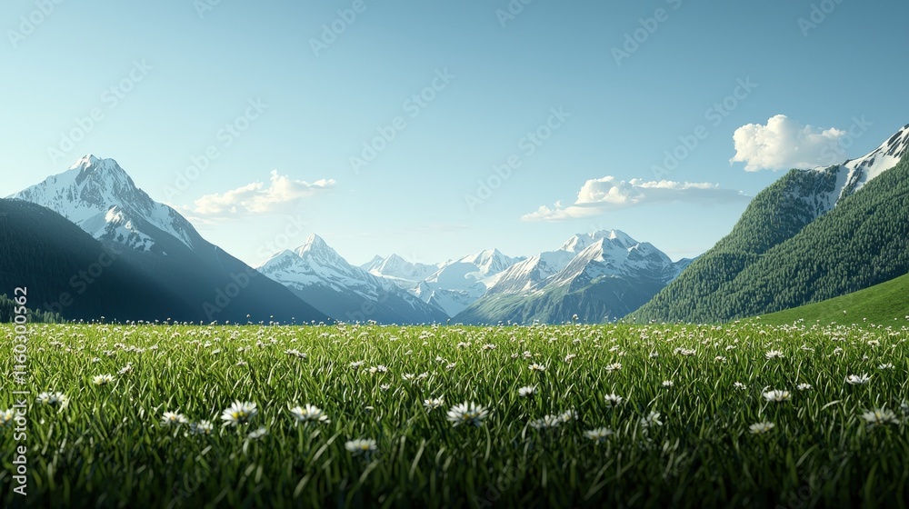 Fototapeta premium A serene landscape featuring lush green grass, wildflowers, and majestic mountains under a clear blue sky.