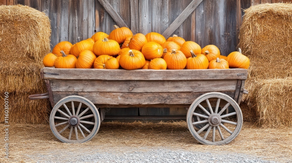 Fototapeta premium Rustic wooden wagon overflowing with vibrant orange pumpkins, flanked by hay bales against a weathered barn.