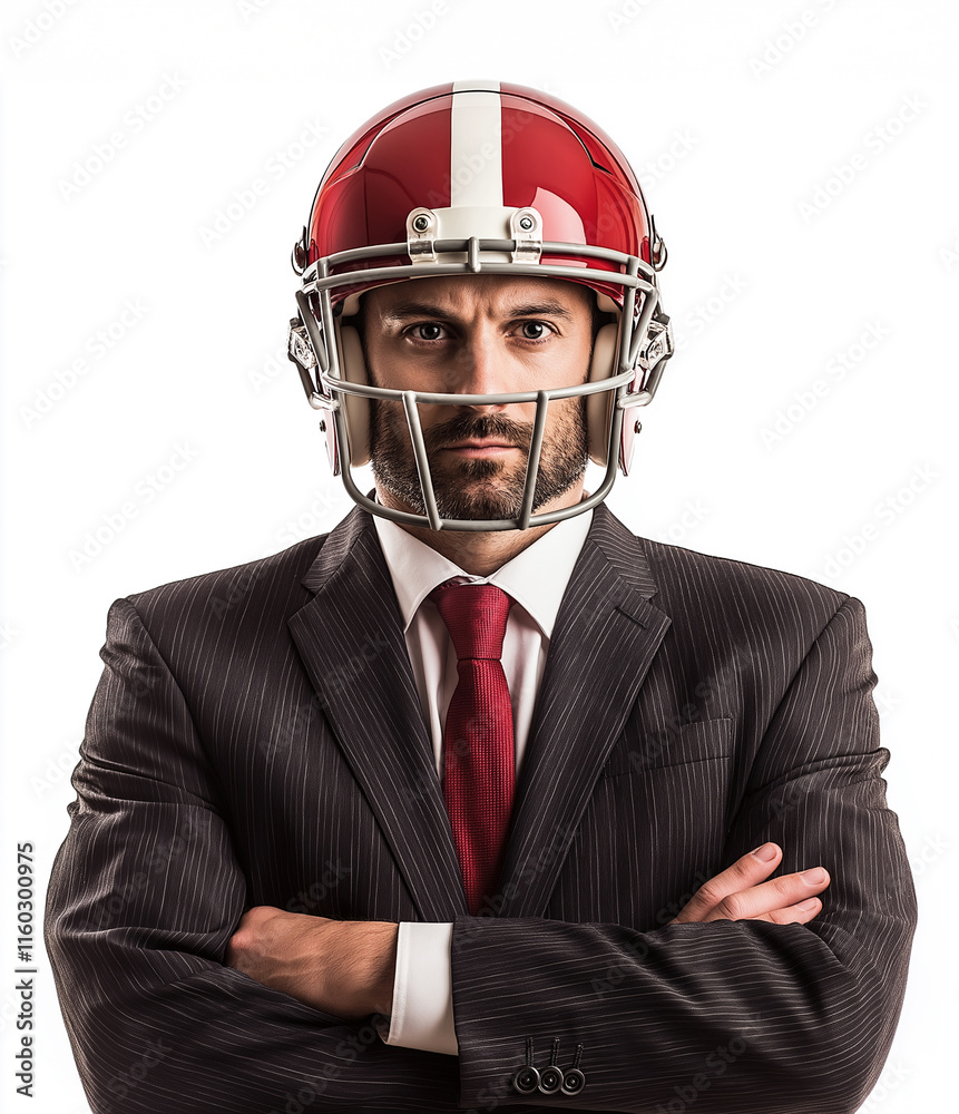 Businessman wearing a red football helmet while posing confidently in a dark pinstriped suit Businessman wearing a red football helmet while posing confidently in a dark pinstriped suit