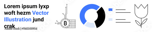 Bitcoin chip, pie chart, tulip symbol, and sample text. Ideal for fintech, finance, cryptocurrency, tech, business growth, analytics, digital currency. Landing page