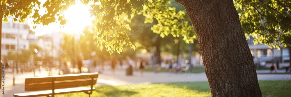 Naklejka premium Sunny park bench with blurry background of people and trees.