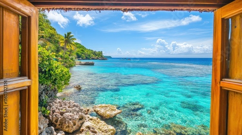 Tropical ocean view seen through open window.