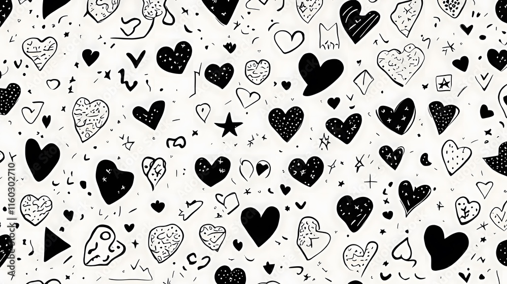 Fototapeta premium Whimsical Doodle Design Featuring Hearts, Squiggly Lines, and Random Shapes