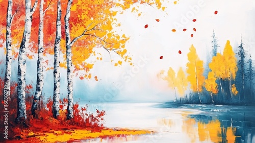 Autumnal birch trees reflected in a calm lake, with falling leaves.
