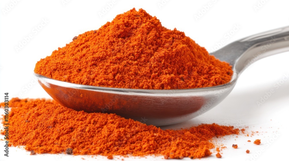 A spoonful of bright orange paprika powder, with a small pile spilling onto a white background. A spoonful of bright orange paprika powder, with a small pile spilling onto a white background.