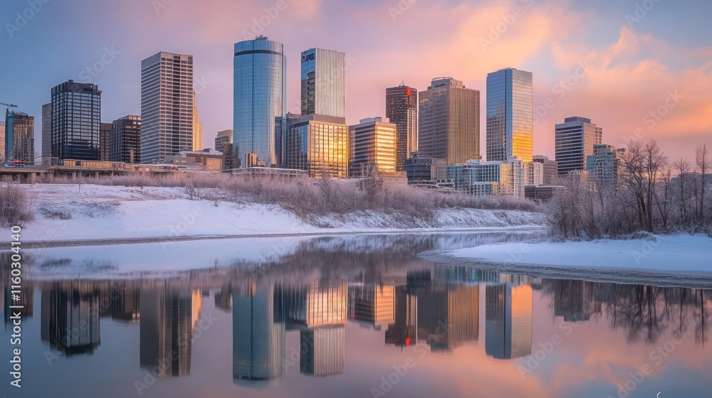 Fototapeta premium Stunning sunrise cityscape reflected in a frozen river.