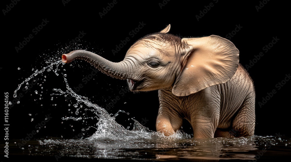 Fototapeta premium Playful baby elephant splashing water, black background.