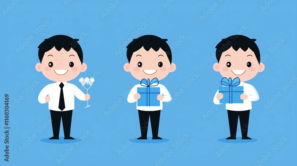 Happy Cartoon Character with Gifts and a Drink on Blue Background Happy Cartoon Character with Gifts and a Drink on Blue Background
