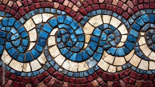 Abstract swirling mosaic tile pattern in blue, red, and beige.