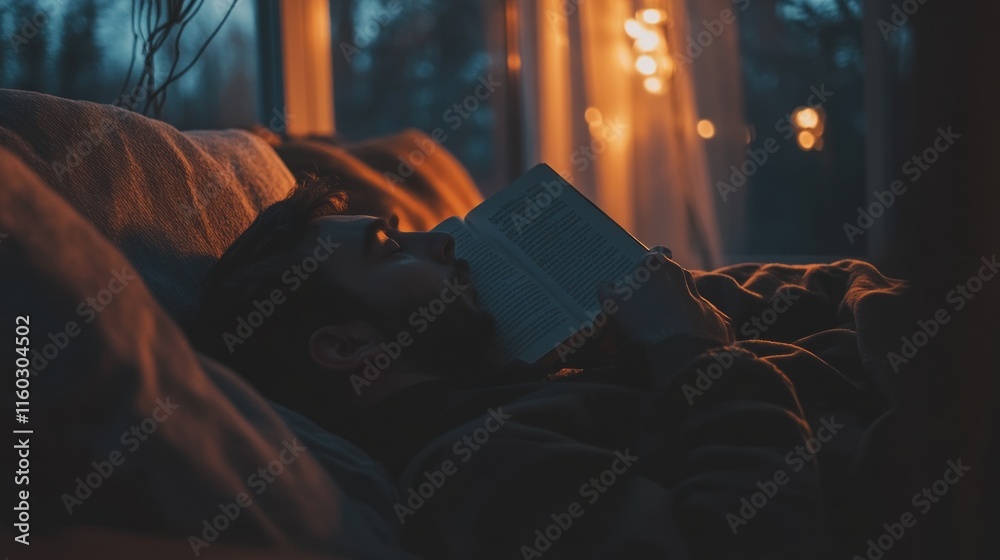 Obraz premium Man relaxing on a couch, reading a book at night, warm lighting.