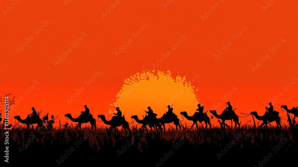 Caravan of camels silhouetted against a fiery sunset in the desert. Caravan of camels silhouetted against a fiery sunset in the desert.
