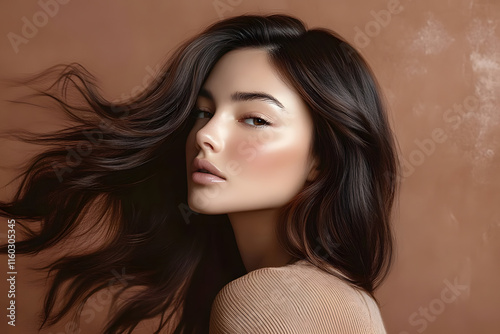 woman with muted mocha brown toned hair on a muted mocha brown background