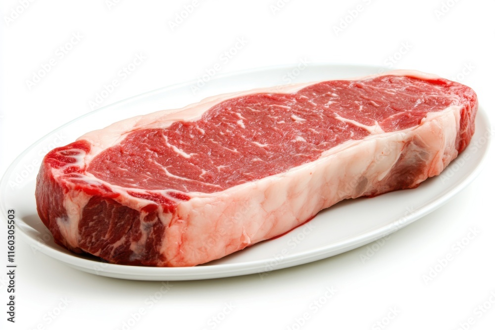 A Single Raw Strip Steak on a White Plate Ready for Cooking Delicious Beef Meal Preparation A Single Raw Strip Steak on a White Plate Ready for Cooking Delicious Beef Meal Preparation
