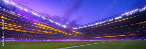 Night soccer stadium with purple and gold lights.