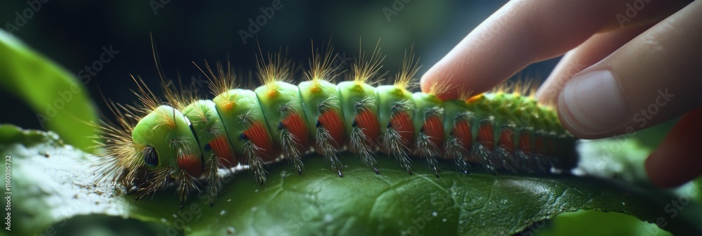 Naklejka premium Close-up of a hairy green caterpillar with orange accents on a leaf, gently touched by a finger.