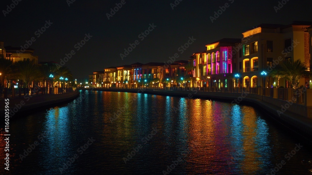 Night view of colorful buildings reflected in a calm canal.