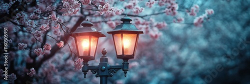 Illuminated double lamp post in a blooming cherry blossom tree at dusk.