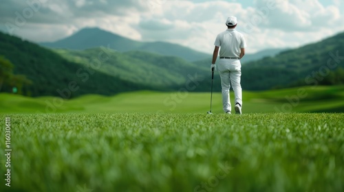 A serene scene of a golfer taking a swing on a lush green course, surrounded by picturesque scenery.   photo