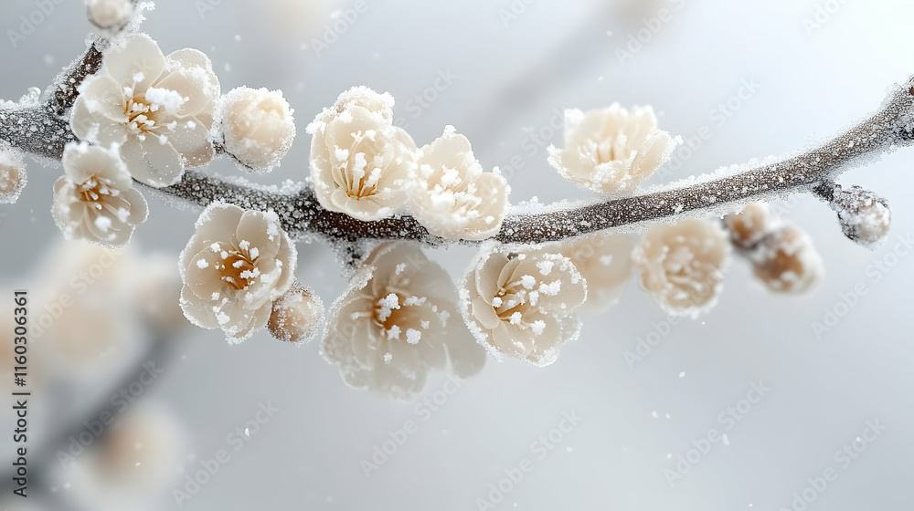 Fototapeta premium A close-up of snow-covered white flowers on a branch, creating a serene winter scene.