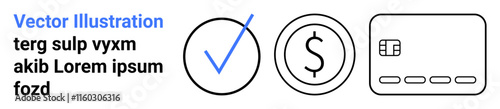 Three icons include a checkmark in a circle, dollar sign in a circle, and credit card. Ideal for financial services, banking, online transactions, approval processes, payment systems, budget