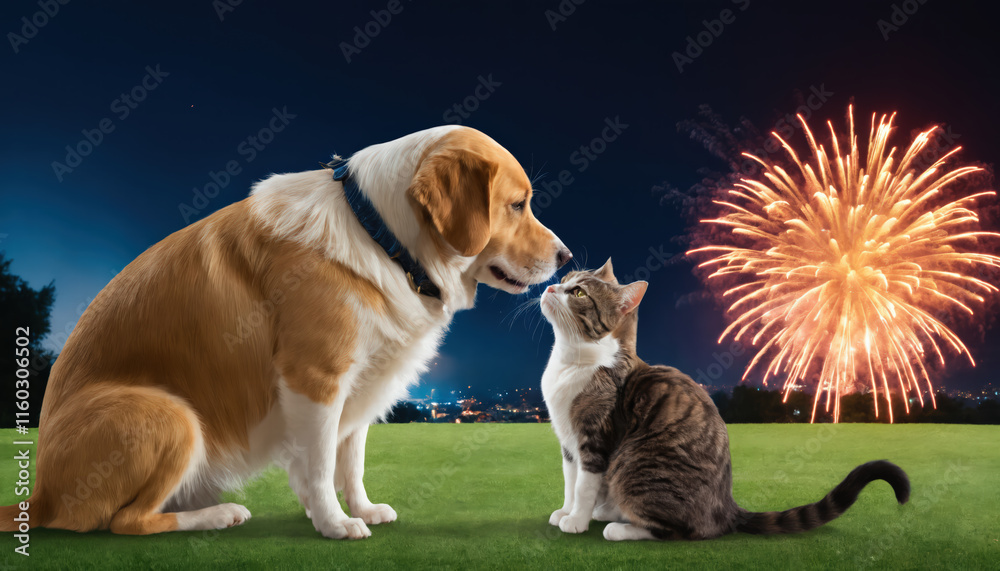 Obraz premium A dog and a cat scared by fireworks.
