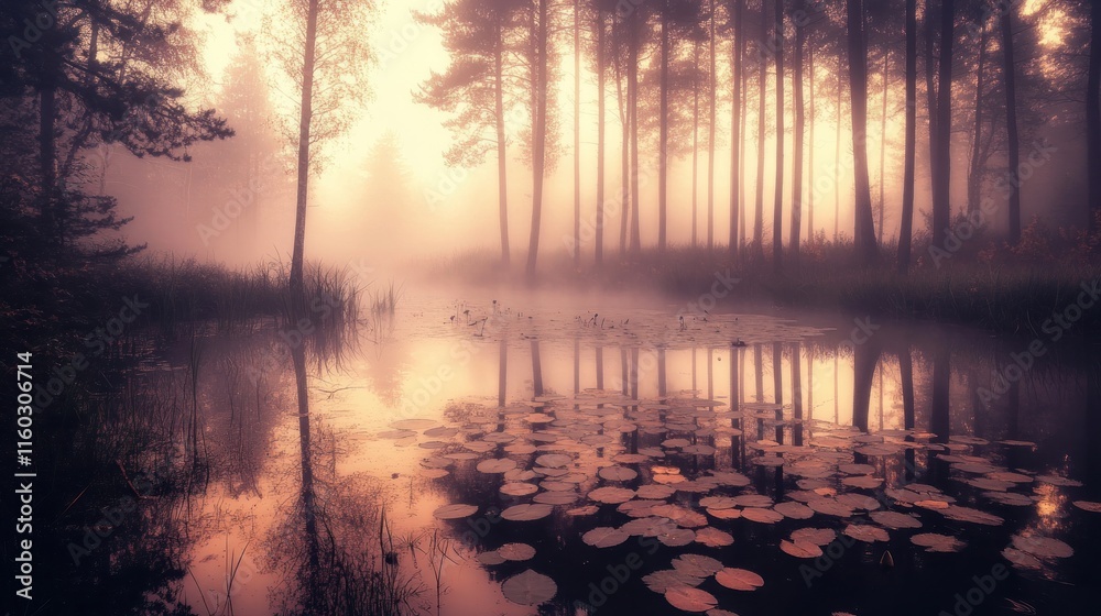 Misty sunrise over calm lake reflecting trees and lily pads in a tranquil forest. Misty sunrise over calm lake reflecting trees and lily pads in a tranquil forest.