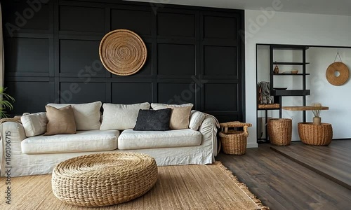 Cozy living room with neutral tones and natural elements.