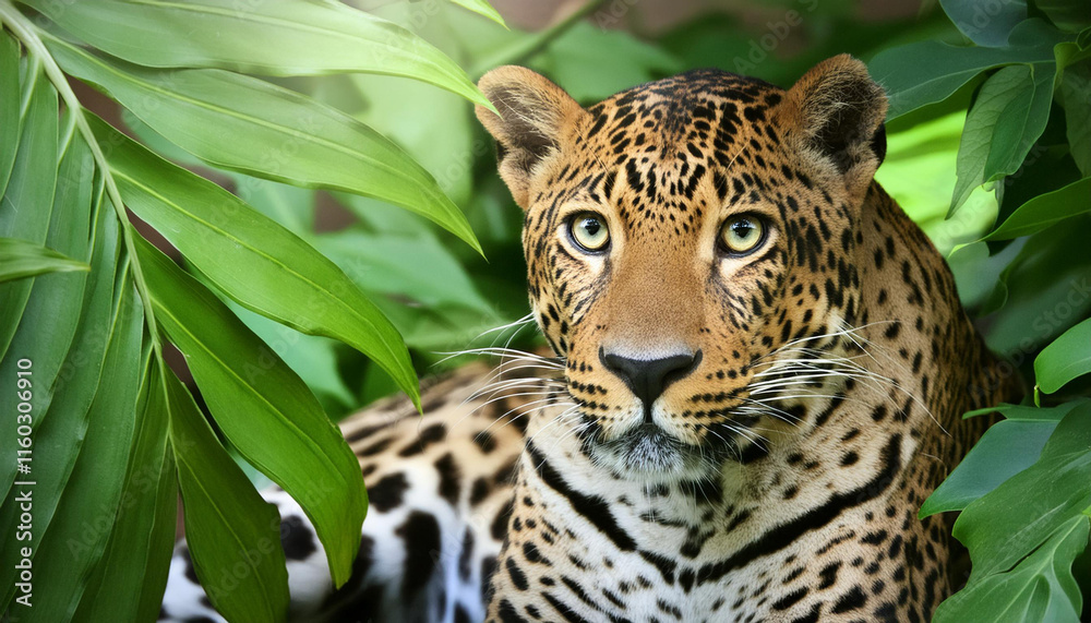 Obraz premium Leopard in green leaves. Animal portrait. Wild predator in natural habitat. Nature beauty, wildlife