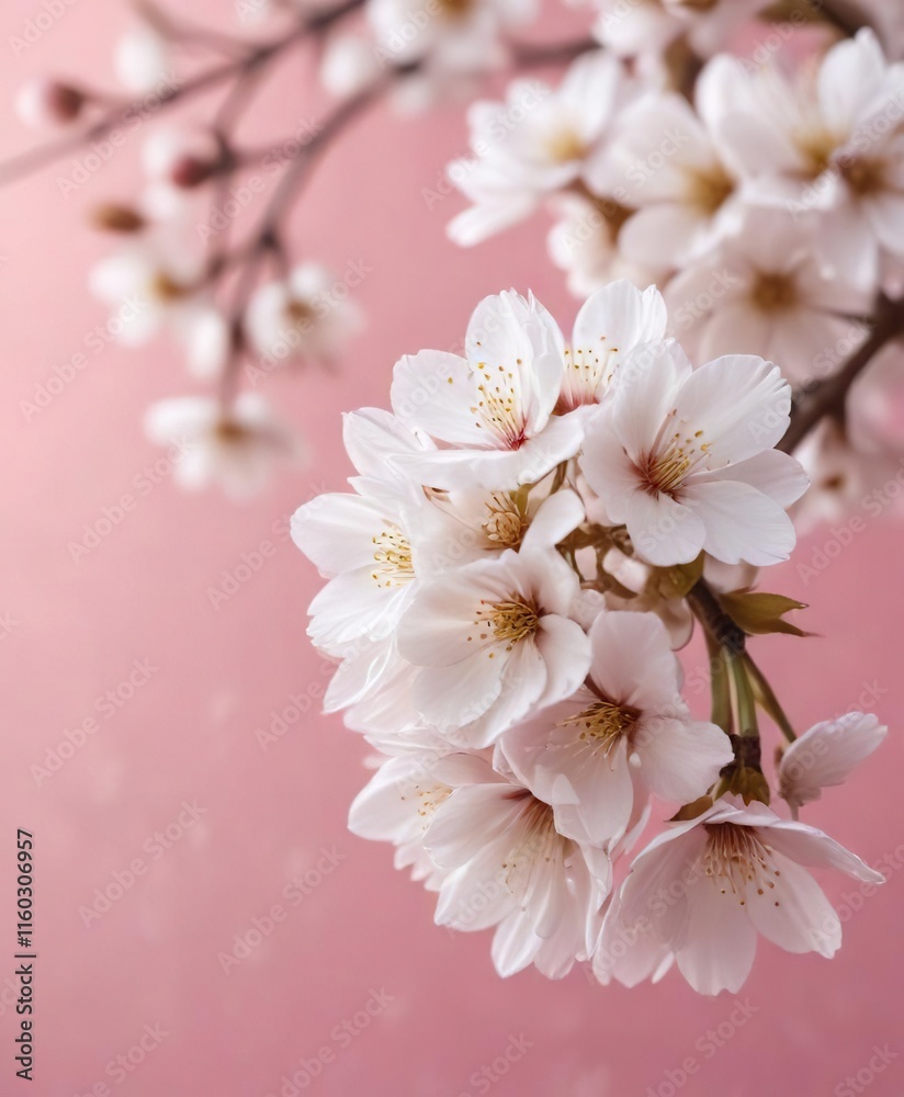 Soft focus on white cherry blossoms in full bloom on pink background, Delicate petals, blossom tree, flower buds Soft focus on white cherry blossoms in full bloom on pink background, Delicate petals, blossom tree, flower buds