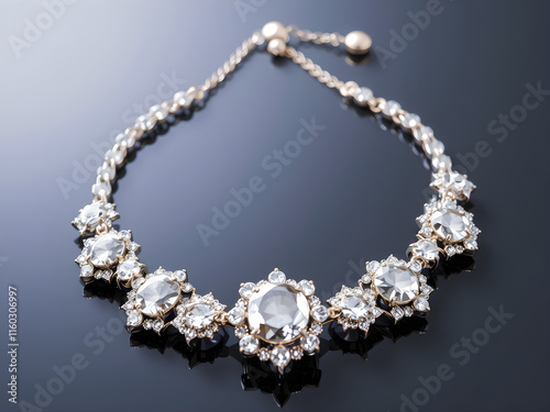 A necklace with a large crystal pendant is displayed on a black background
