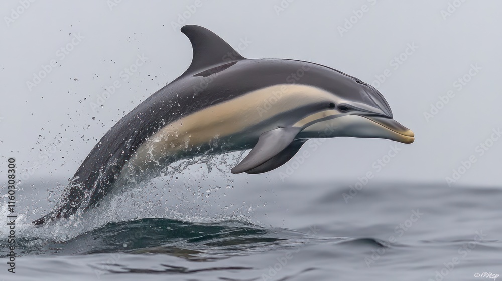 Obraz premium A common dolphin leaps from the ocean, creating a splash.
