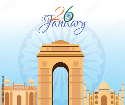 26 January, Republic Day Poster with India Famous Monuments on Blue Ashoka Wheel Background.