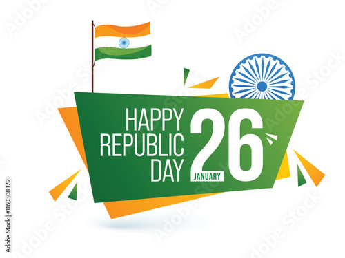 26 January, Happy Republic Day Poster with Indian Flag on White Background.