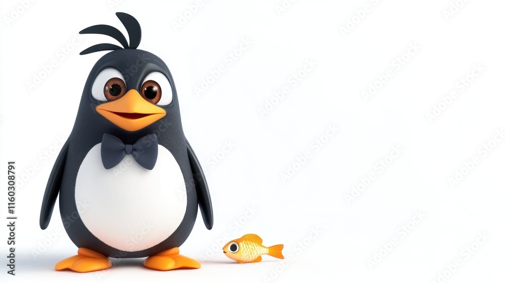 Obraz premium Cute cartoon penguin in a bow tie looks at a small goldfish.