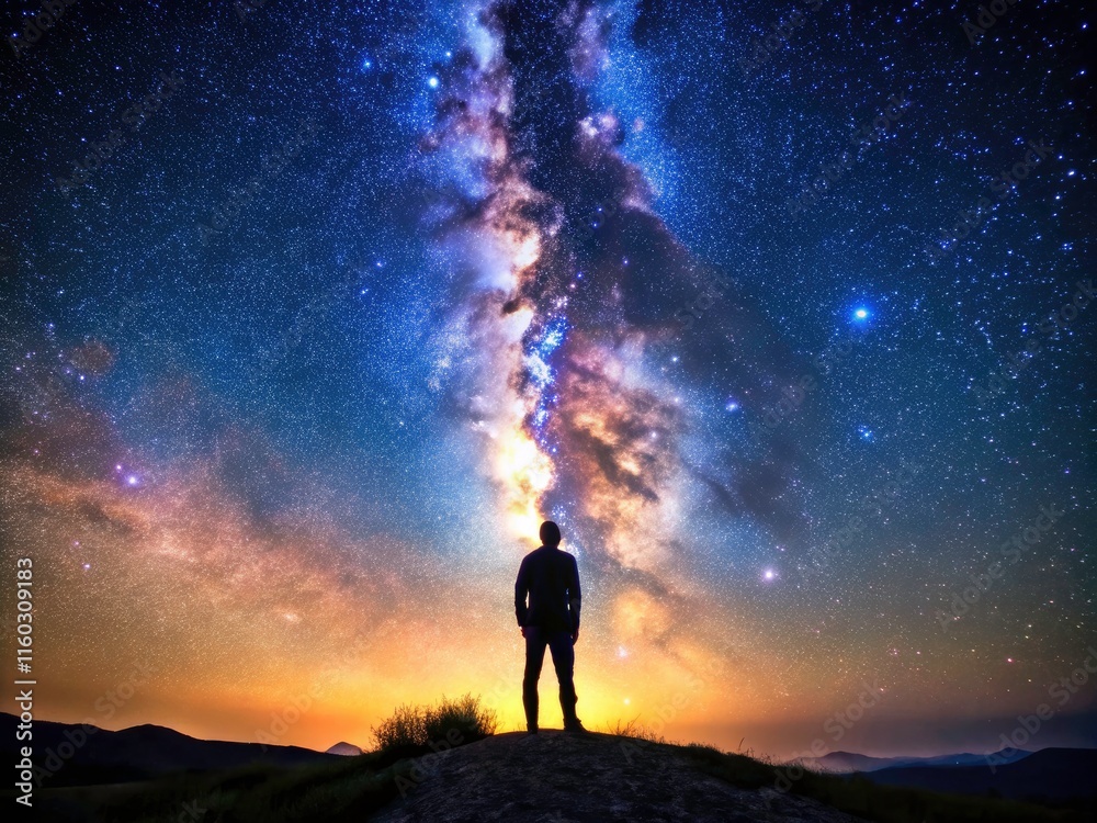 Fototapeta premium Astrophotography unveils the universe's grandeur: dark skies, shimmering stars, a solitary figure's cosmic silhouette.