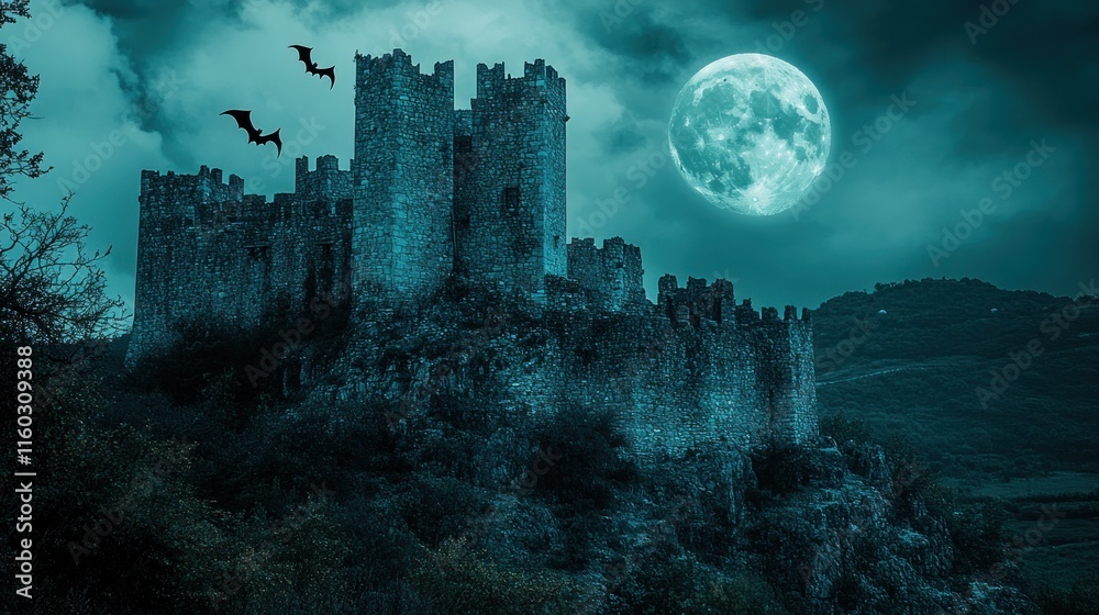 Fototapeta premium A spooky medieval castle on a hill under a full moon with bats flying.