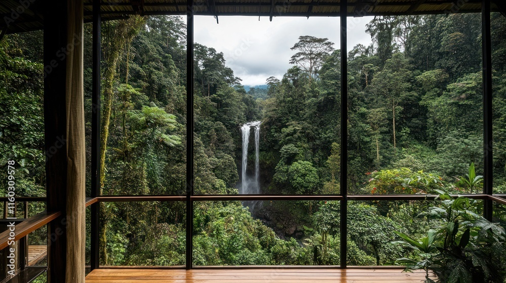 Waterfall view from a wooden deck with screened windows in a lush rainforest. Waterfall view from a wooden deck with screened windows in a lush rainforest.