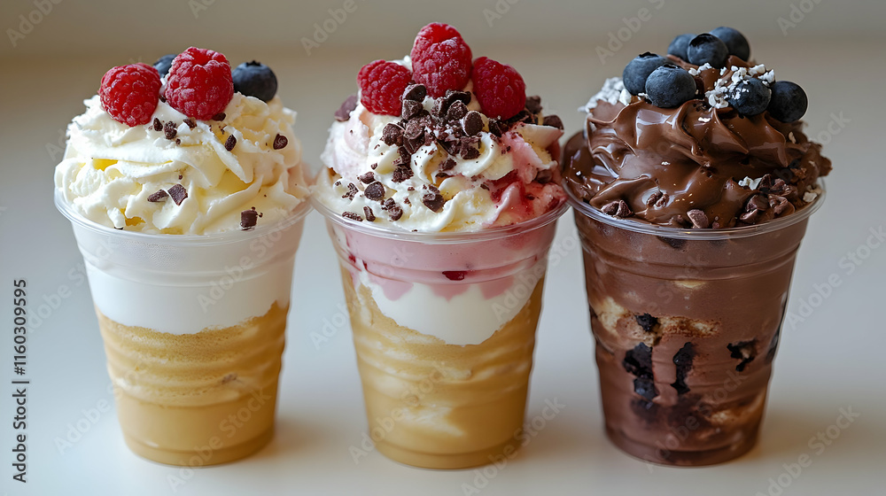 Three delicious ice cream sundaes topped with fruits and chocolate.
