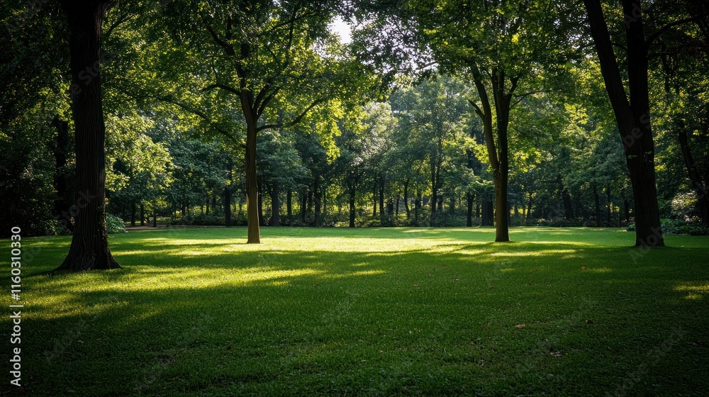 Sunlit green meadow in a lush forest with tall trees casting shadows. Sunlit green meadow in a lush forest with tall trees casting shadows.