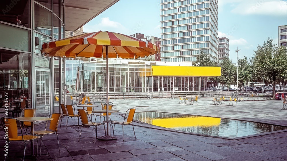 Outdoor cafe patio with striped umbrella, tables, chairs, and reflecting pool. Outdoor cafe patio with striped umbrella, tables, chairs, and reflecting pool.
