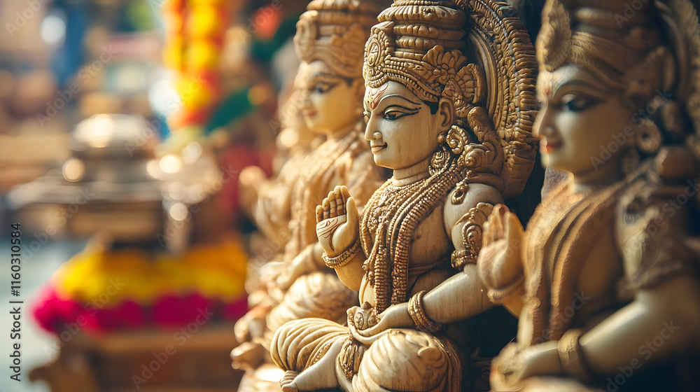 Fototapeta premium Exquisite Wooden Hindu Deities at an Ornate Temple Displaying Detailed Carvings and Craftsmanship : Generative AI