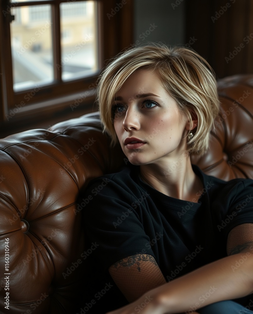 Obraz premium Thoughtful Young Woman Sitting on a Brown Leather Couch by a Window
