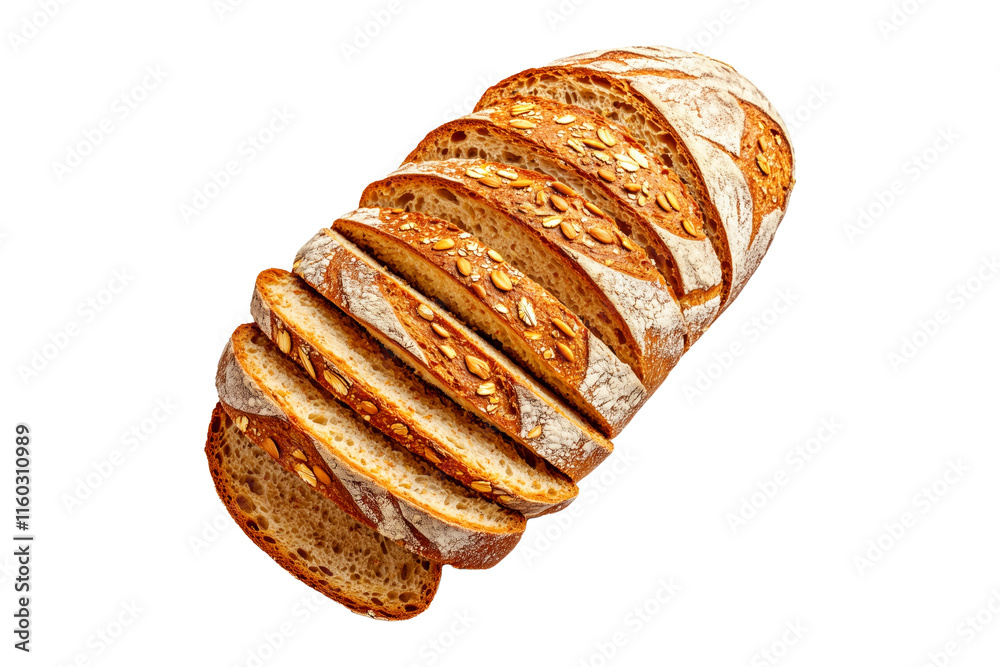 Sliced loaf of Multigrain bread topped with oats and almonds, isolated on white transparent background.