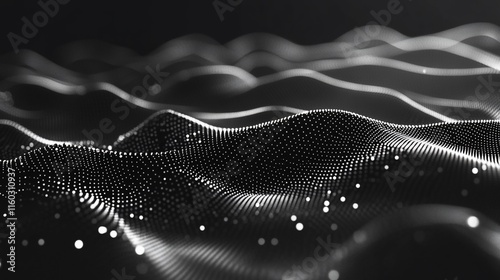 Abstract grayscale wave of glowing particles.